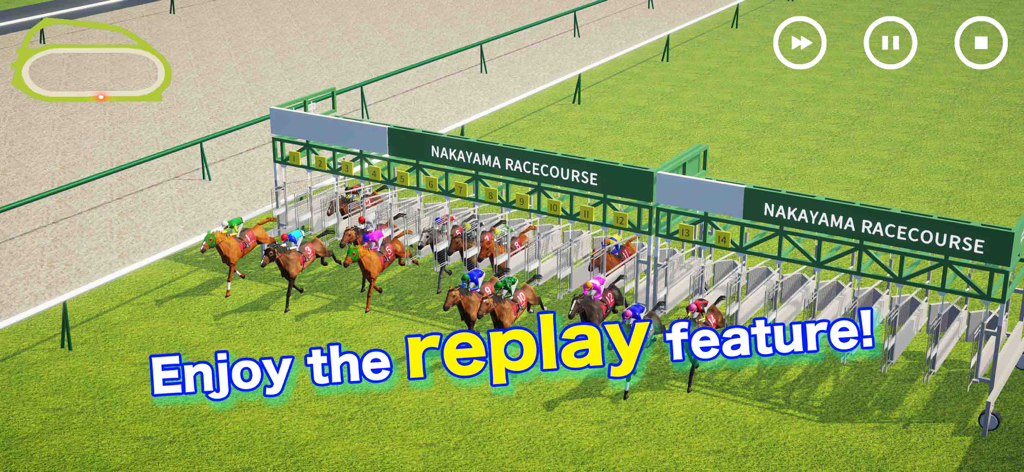The Jockey - Horses exiting the starting gates at Nakayama Racecourse in The Jockey mobile game replay mode