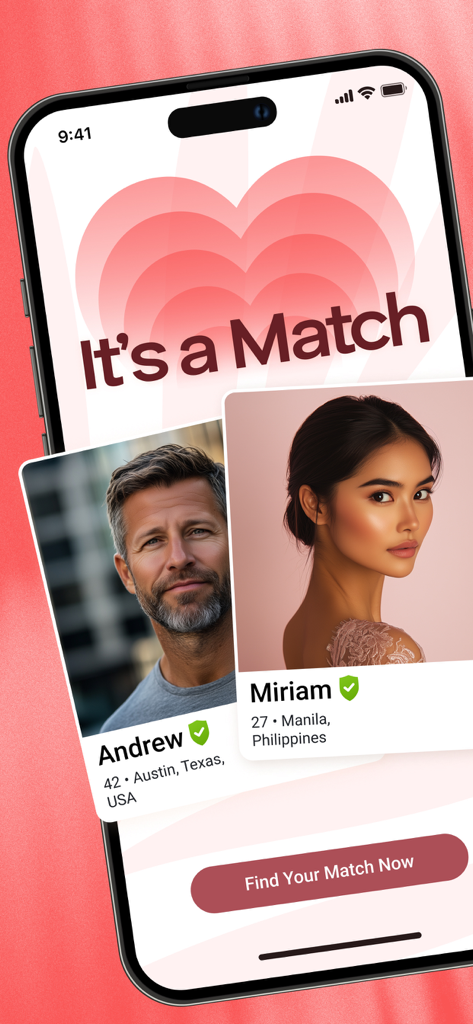 FilipinoCupid dating app showing a match between an American man and a woman from Manila.