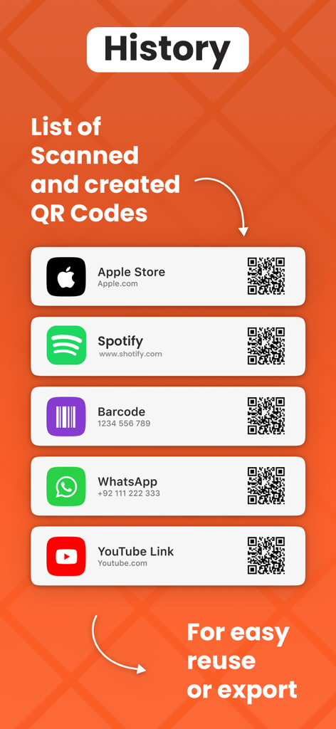QR Code: Generator & Maker - History screen showing a list of scanned and created QR codes