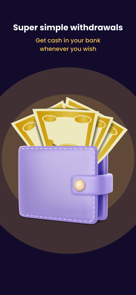 Illustration of a purple wallet with gold banknotes and text describing simple cash withdrawals