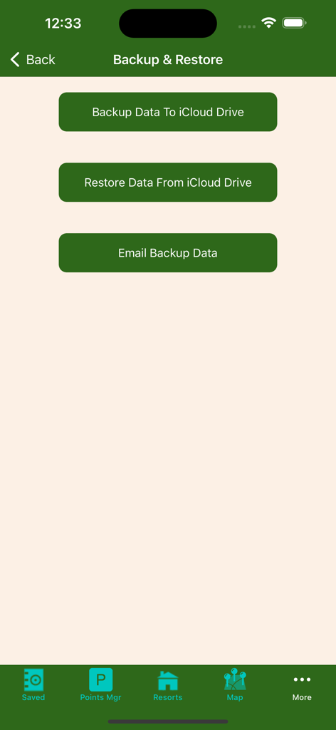 The backup and restore screen of the DVC Planner app showing options to save and restore data via iCloud or email.