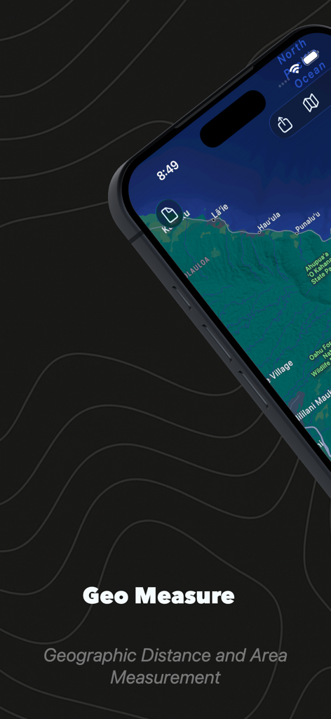 Geo Measure: Area & Distance - Interface de l'application mobile Geo Measure pour la mesure de superficie et de distance géographique sur une carte