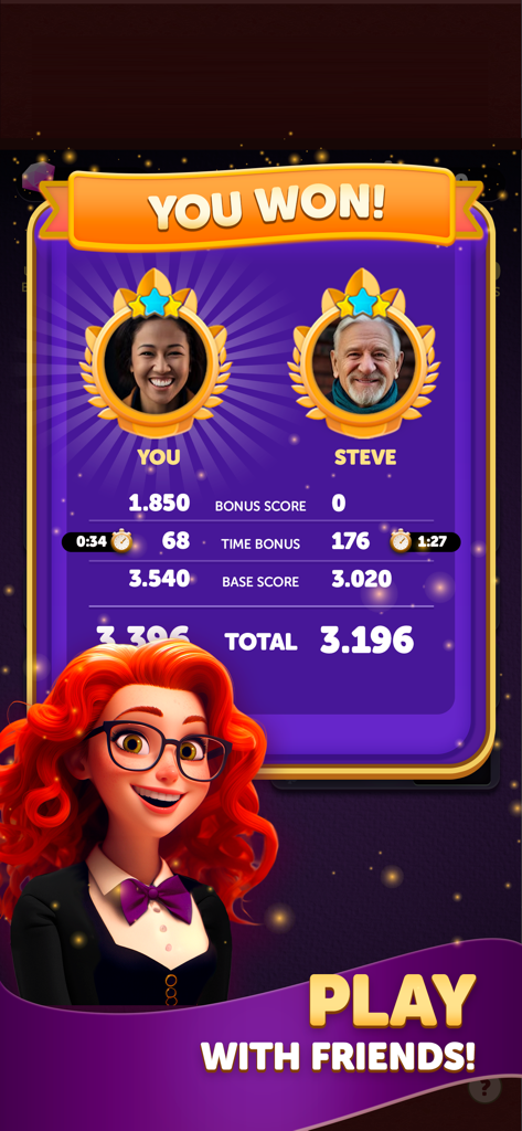 A victory screen in the Yatzy Cards mobile game showing a player winning a head to head duel against a friend