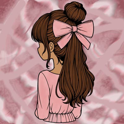 realistic girl  with hip length hair a bun and a big bow on the back of head