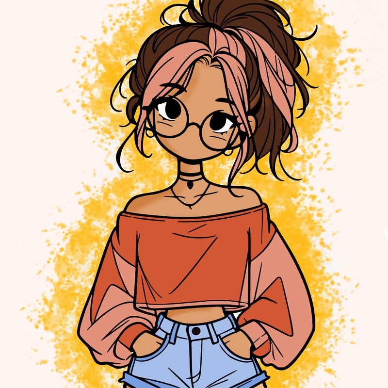 girl with a messy ponytail glasses a baggy crop top and jean shorts