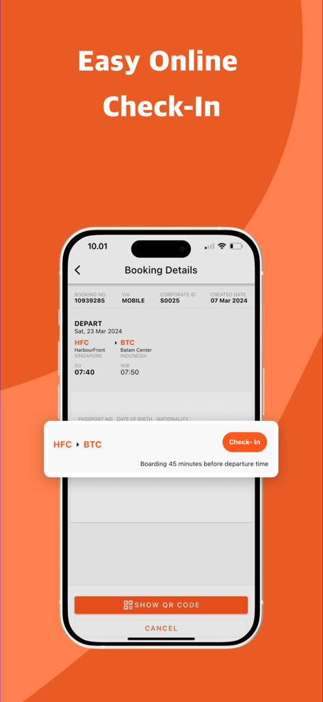 BatamFast Online Ferry Booking - フェリー予約のための簡単なオンラインチェックイン機能が表示されたBatamFastモバイルアプリ画面
