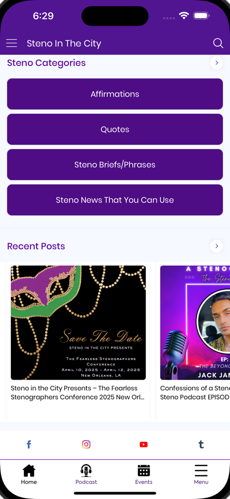 Steno In The City - Steno In The City app home screen featuring categories for affirmations and quotes plus recent professional conference posts