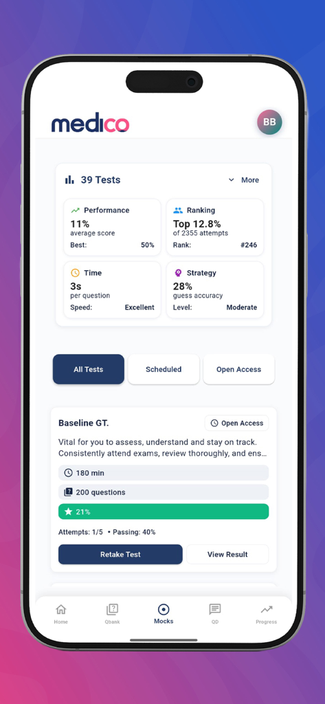 Medico: NEET-PG & INI-CET Prep - Medico app screen displaying performance analytics and mock test options for NEET-PG and INI-CET prep
