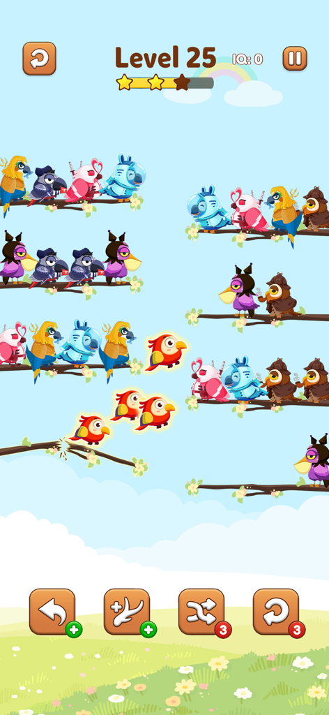 Bird Sort 2 Color Puzzle Game - Bird Sort 2 gameplay showing colorful cartoon birds sitting on branches for a sorting puzzle