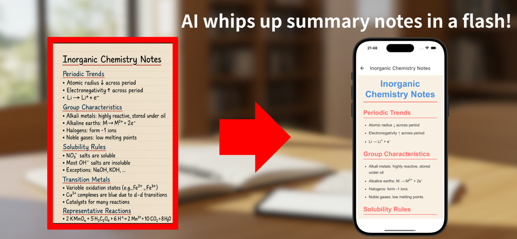 AI Note Scan: AI Quiz & Notes - Escáner de notas IA convirtiendo apuntes de química en un resumen digital en un smartphone