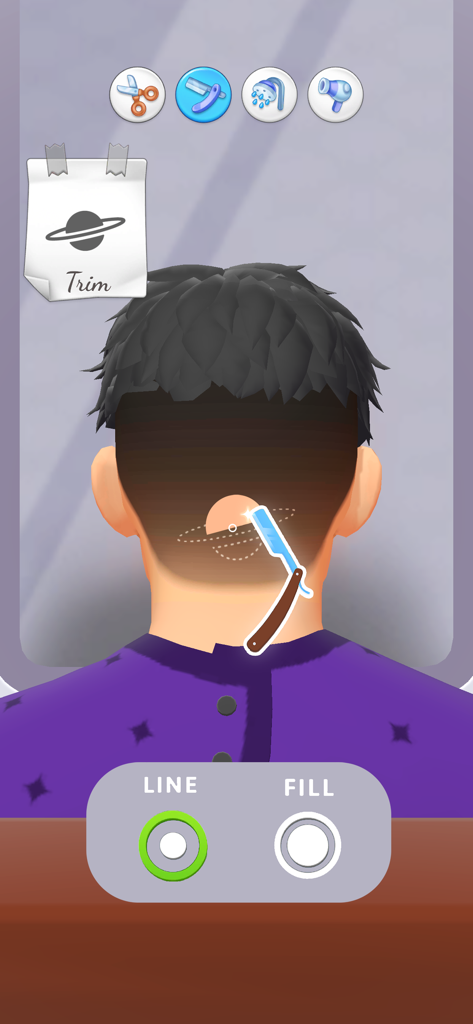 Jugabilidad de Hair Tattoo mostrando una navaja afeitando un diseño de planeta en el degradado de un cliente.