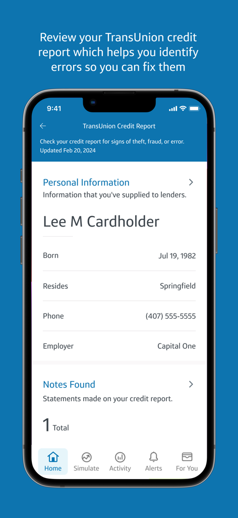 Capital One CreditWise - Mobile app screen showing a TransUnion credit report summary with personal information and identity theft monitoring tools