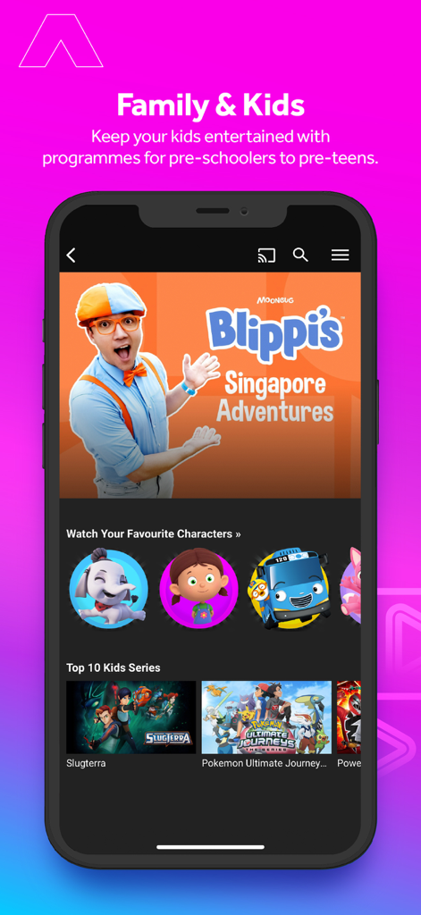 Pantalla de la aplicación móvil Mewatch que muestra la sección familiar e infantil con programas populares como Blippi y Pokémon