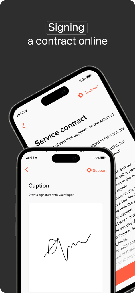 ID.Abonent - Due smartphone che mostrano il processo di firma di un contratto di servizio digitale online con una firma elettronica.