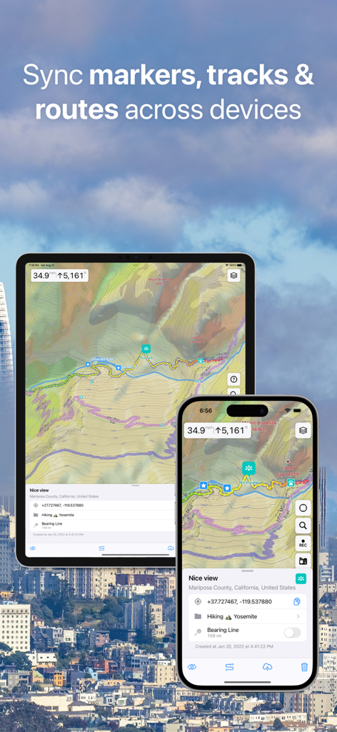 Guru Maps app syncing topographic maps and navigation markers between an iPhone and an iPad.