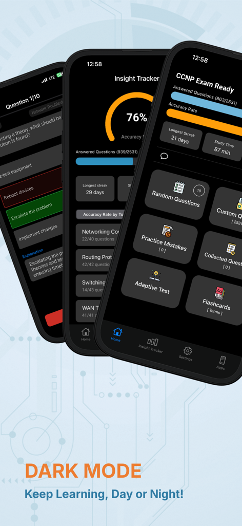 CCNP Exam Ready - La interfaz en modo oscuro de CCNP Exam Ready mostrando herramientas de estudio y el rastreador de progreso