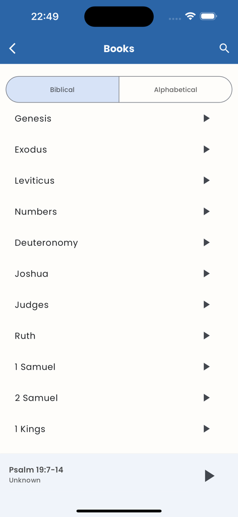 Scripture Singer - Screenshot of the Scripture Singer app showing a list of Bible books in biblical order with a mini-player at the bottom
