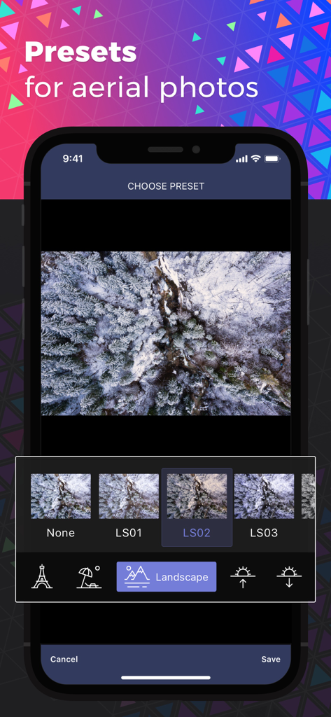 Sync for DJI: Go Mobile First - Interfaz de la aplicación Sync for DJI que muestra preajustes de color y filtros para fotografía aérea con drones