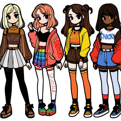 one girl with crop-top shirt and a jacket with a skirt, long socks and another girl with a shirt and pants with a jacket