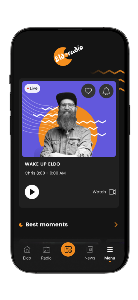 Eldo - Eldoradio mobile App Startbildschirm mit einer Live-Sendung mit dem Titel Wake Up Eldo und einer Dark-Mode-Oberfläche.