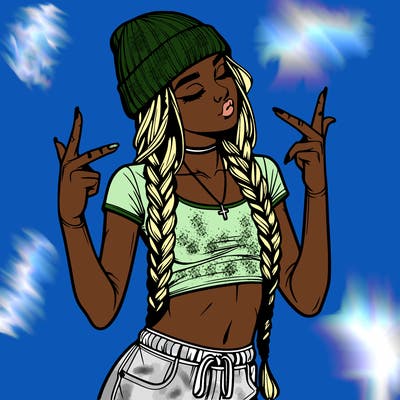 realistic teenage girl with braids and a beanie and crop top doing 🫶🏼