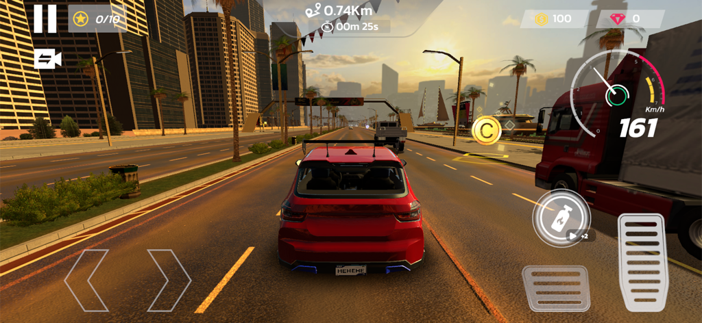 Traffic Car Racing Ultimate - Um carro esportivo vermelho dirigindo pelo trânsito da cidade ao pôr do sol no jogo mobile Traffic Car Racing Ultimate.
