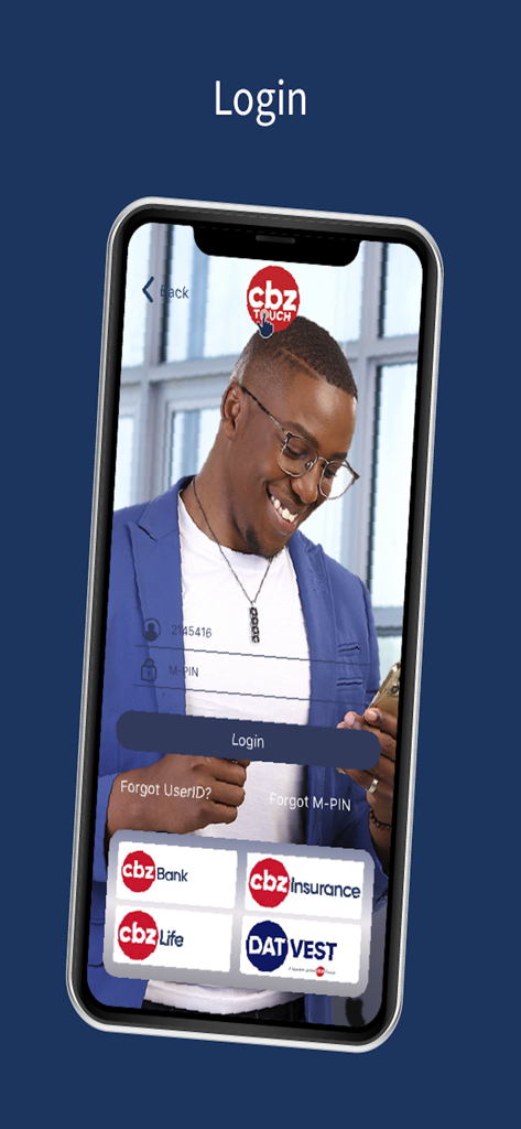 CBZ Touch - Pantalla de inicio de sesión de la aplicación móvil CBZ Touch para servicios integrados de banca y seguros.
