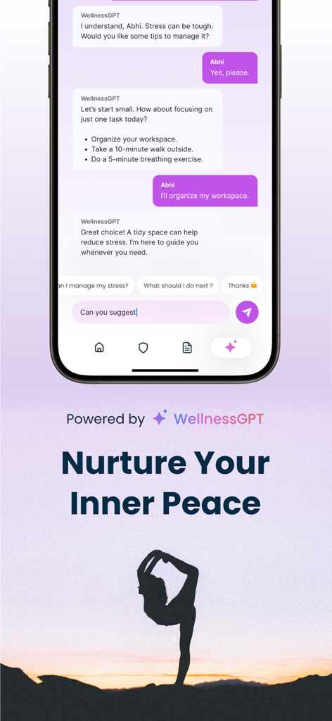 HeyDoc AI : WellnessGPT & ABHA - HeyDoc AI WellnessGPT chat interface offering personalized stress management tips and mental wellness support