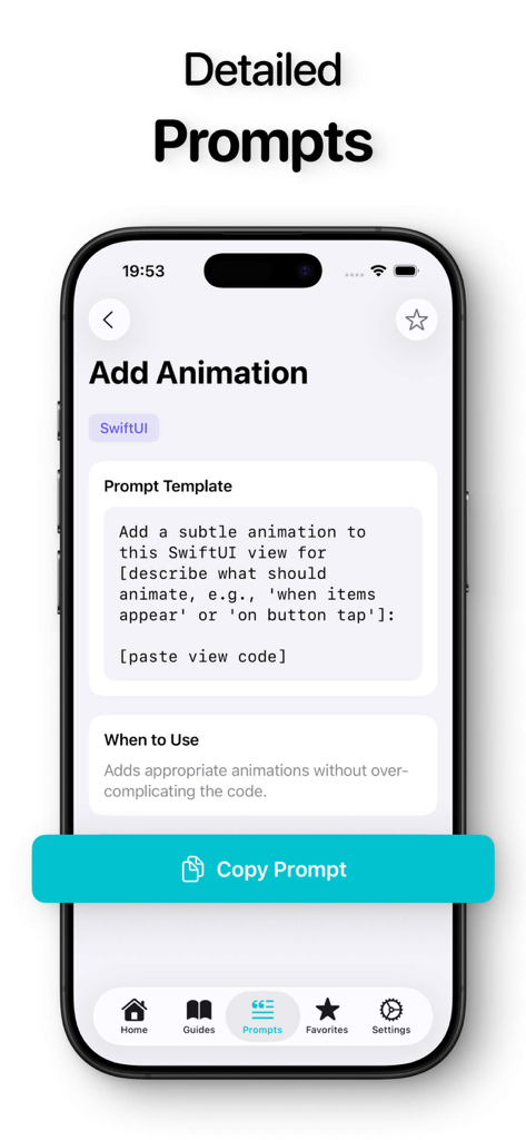 Rork app interface showing a detailed prompt template for adding animations in SwiftUI