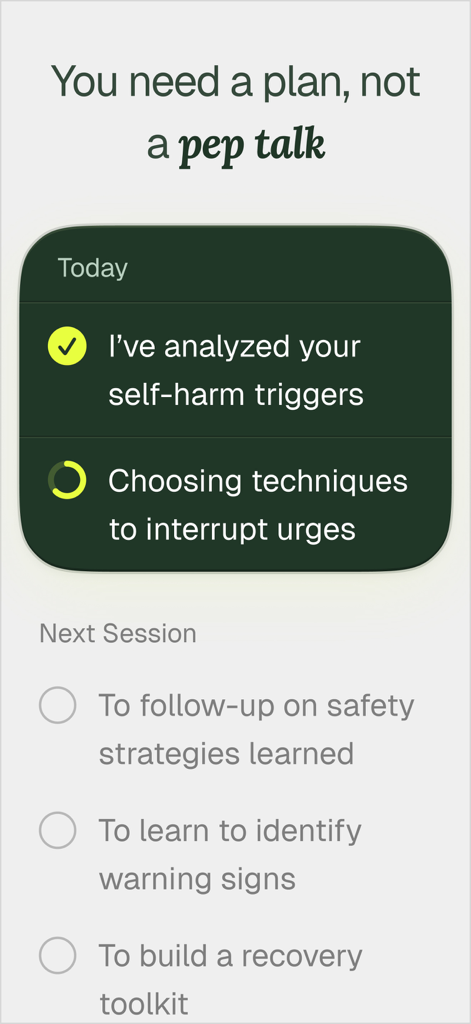 Elomia: Mental Health AI - A screenshot of Elomia app showing a personalized mental health plan and checklist for managing triggers and safety strategies.