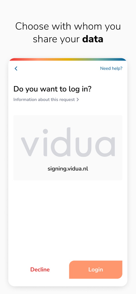 Vidua - A secure login request screen in the Vidua app for sharing data