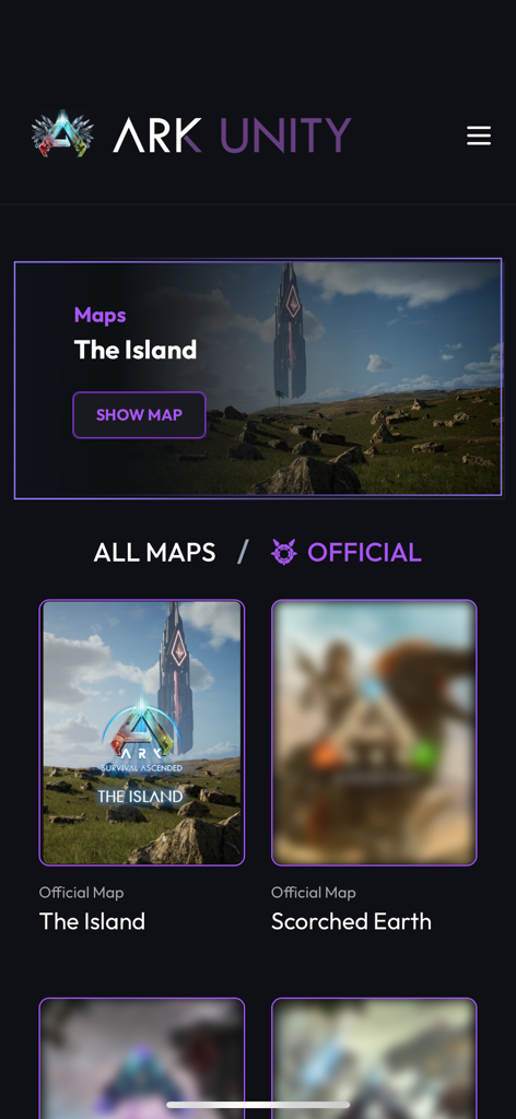 ARK Unity app screen displaying official maps for ARK Survival Ascended including The Island and Scorched Earth