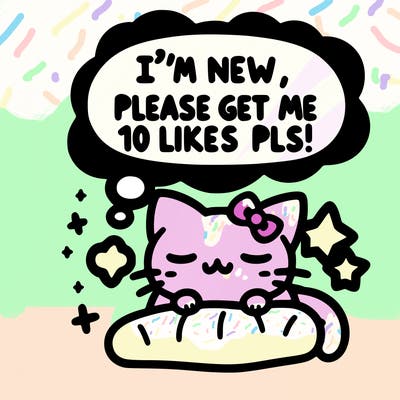 kitty taking a nap dream talking and saying "i'm new, please get me at least 10 likes pls!!"