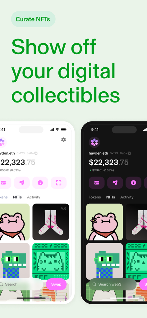 Uniswap: Crypto & NFT Wallet - Aplicativo Uniswap exibindo coleções de NFTs curadas em interfaces de modo claro e escuro