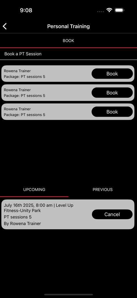 My Level Up - The personal training booking interface in the My Level Up app showing available trainers and upcoming scheduled sessions.