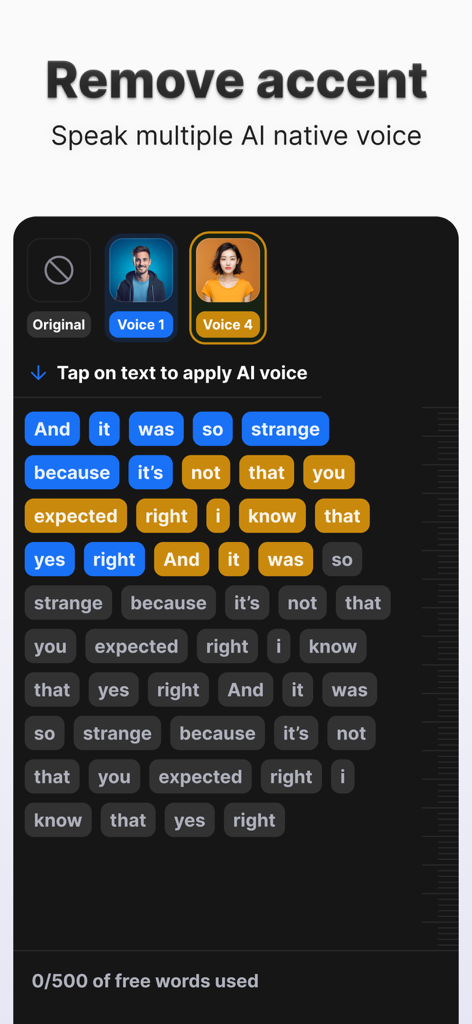 Capsula AI: Video Captions App - Capsula AI app interface for removing accents using AI native voices on video captions