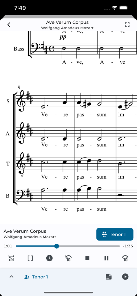 Choir app interface featuring digital sheet music for Mozart's Ave Verum Corpus and a synchronized audio player for vocal practice.