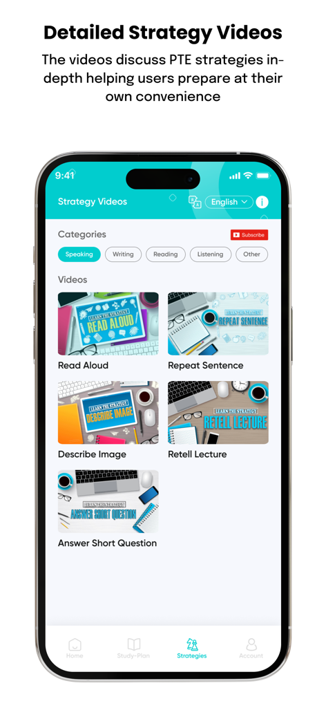 PTE Practice & Tests - AlfaPTE - AlfaPTE app interface showing descriptive strategy videos for the PTE speaking module sections like read aloud and describe image