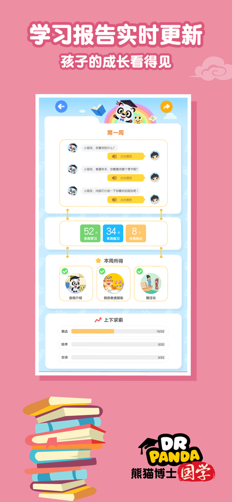 熊猫博士国学-会阅读学儿歌爱表达 - A weekly learning report interface in the Dr. Panda Guoxue app showing a childs progress in Chinese literacy and culture