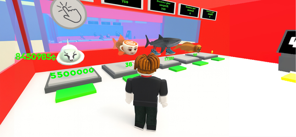 Steal a Golden Fish - A character in a vibrant red and white game shop looking at funny fish characters on display pedestals