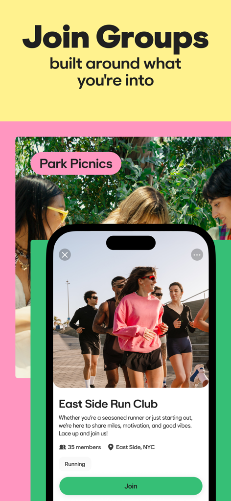 Bumble BFF mobile app screen showing interest-based community groups like a run club.