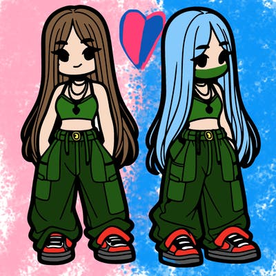 girl in baggy pants crop top and long hair