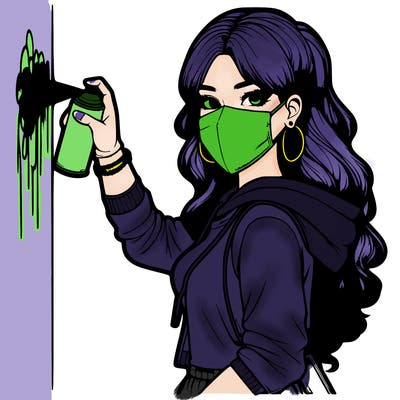 realistic girl with mask spray painting a wall