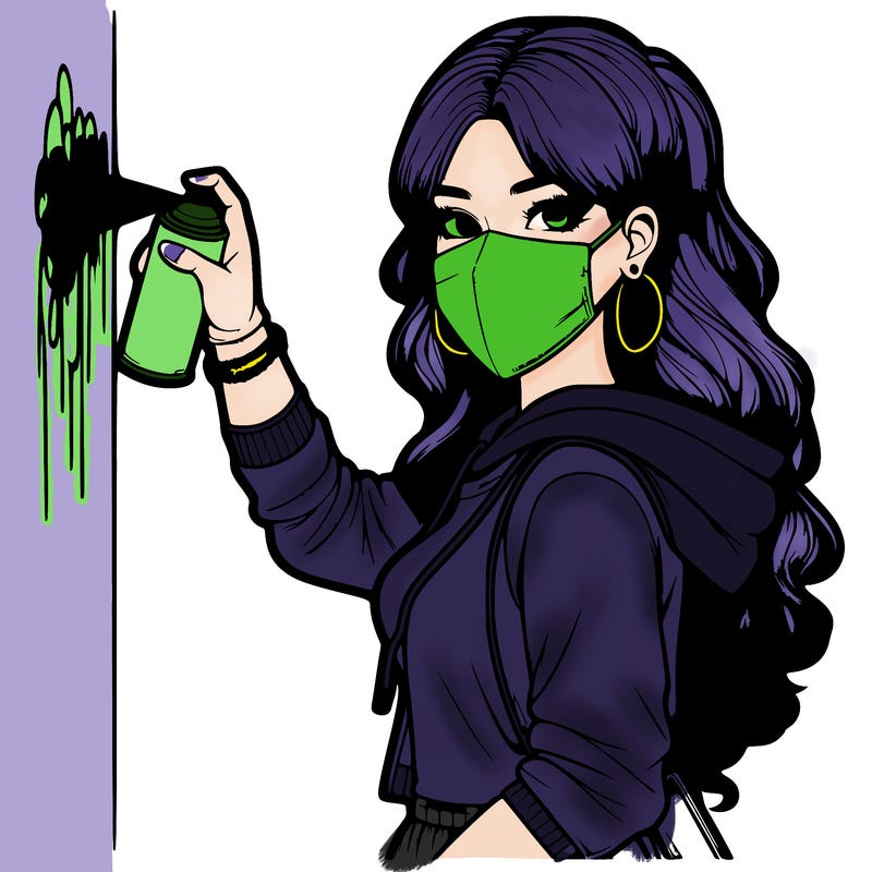 realistic girl with mask spray painting a wall