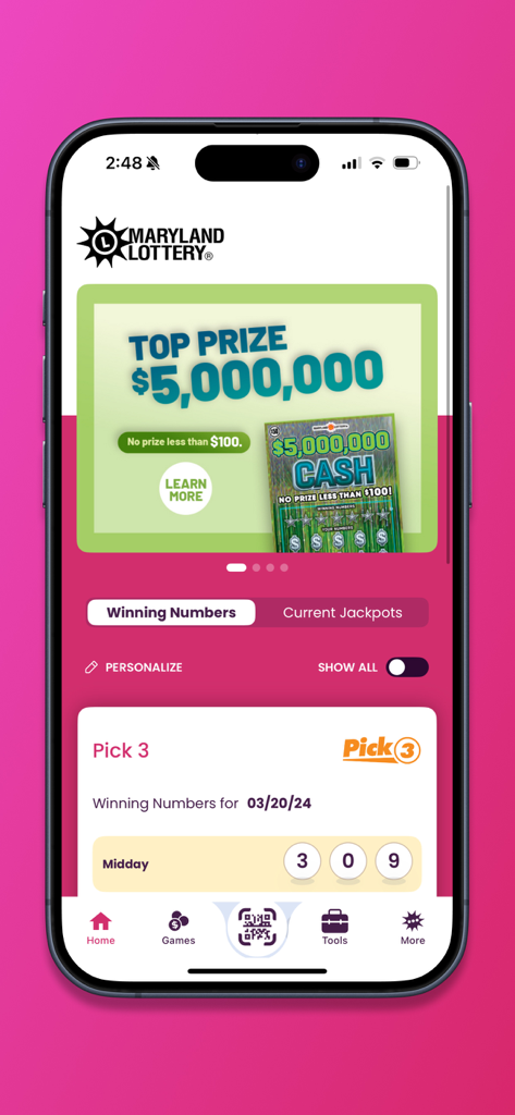 MD Lottery - Home screen of the MD Lottery app displaying winning numbers and jackpot promotions