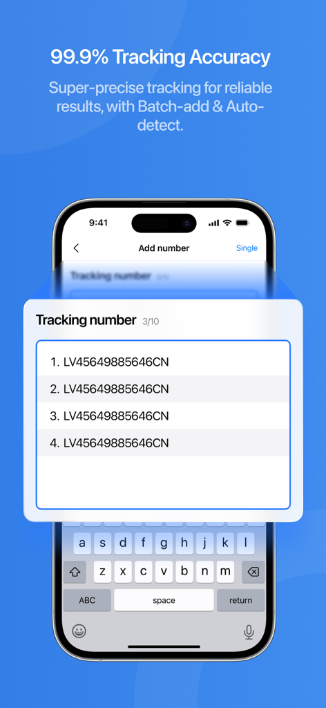 A smartphone showing the batch add tracking number feature in the 17TRACK app highlighting high tracking accuracy
