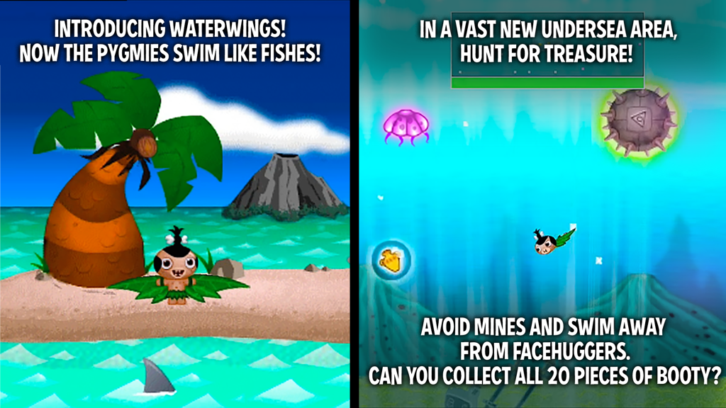 A screenshot of Pocket God showing a pygmy character with leaf wings on a beach and swimming underwater to collect treasure while avoiding mines.