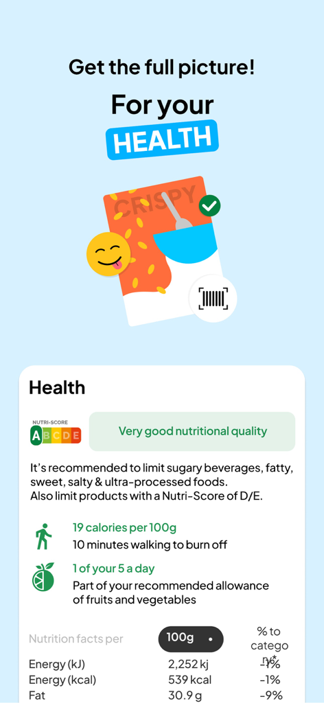 Open Food Facts - Product Scan - Open Food Facts app screenshot showing a Nutri-Score A rating and detailed nutritional health data