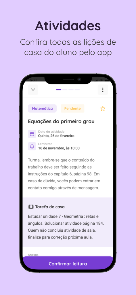 Agenda Edu SuperApp - Mobile app interface showing school activities and homework details for a math class.