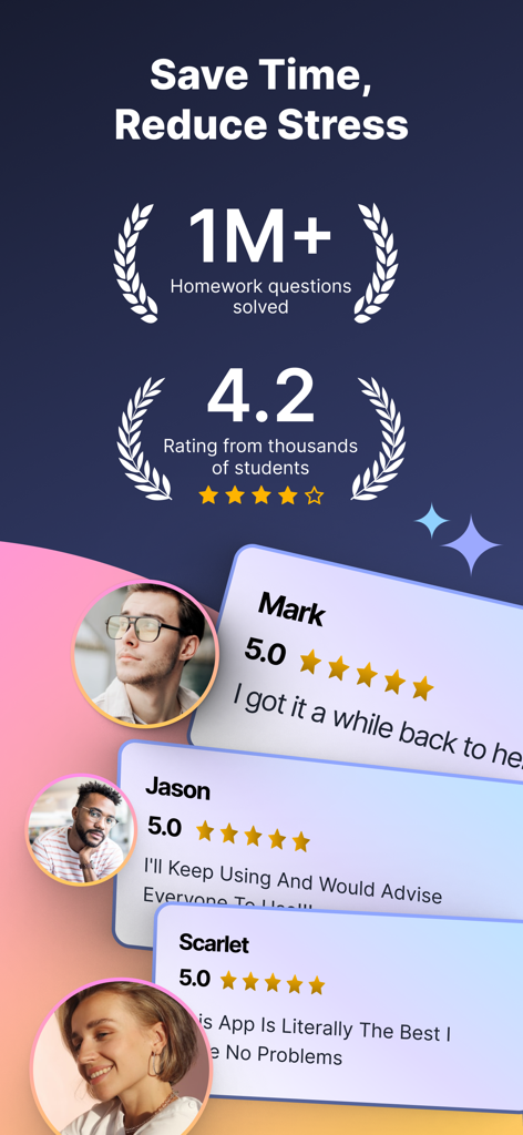 AI Homework Helper - StudyAi - A screenshot showing StudyAi app reviews with over 1 million questions solved and a 4.2 star rating from students
